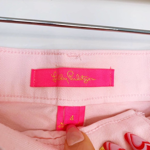 Lilly Pulitzer South Ocean High Rise Ruffle Hem Denim Shorts Stretch Pink Size 4 - Picture 3 of 11